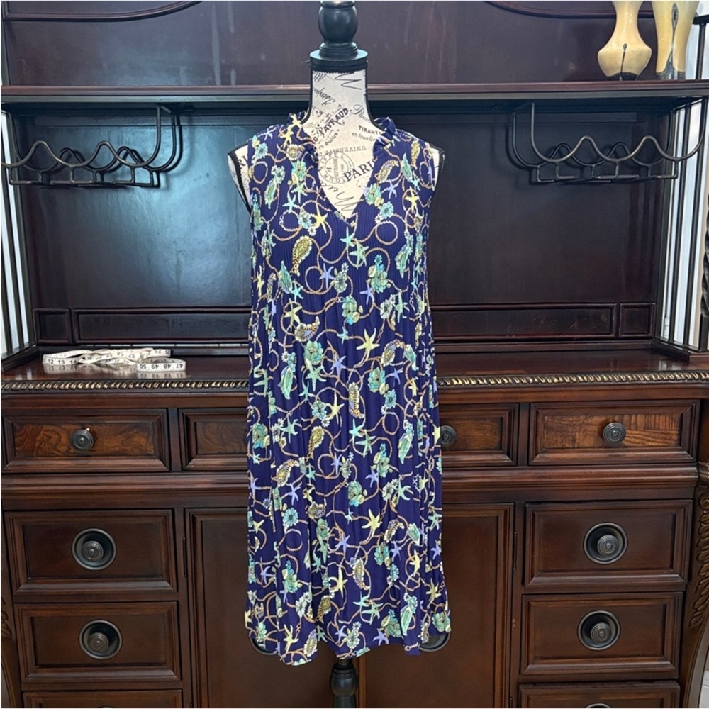 CHLOE + RENE Navy Blue Sleeveless V-Neck Dress Starfish Pattern Sz M